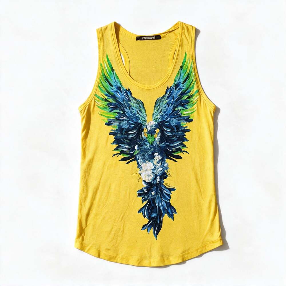 Roberto Cavalli Floral Eagle Bird Yellow Tank Top Women's Small Made in Italy
